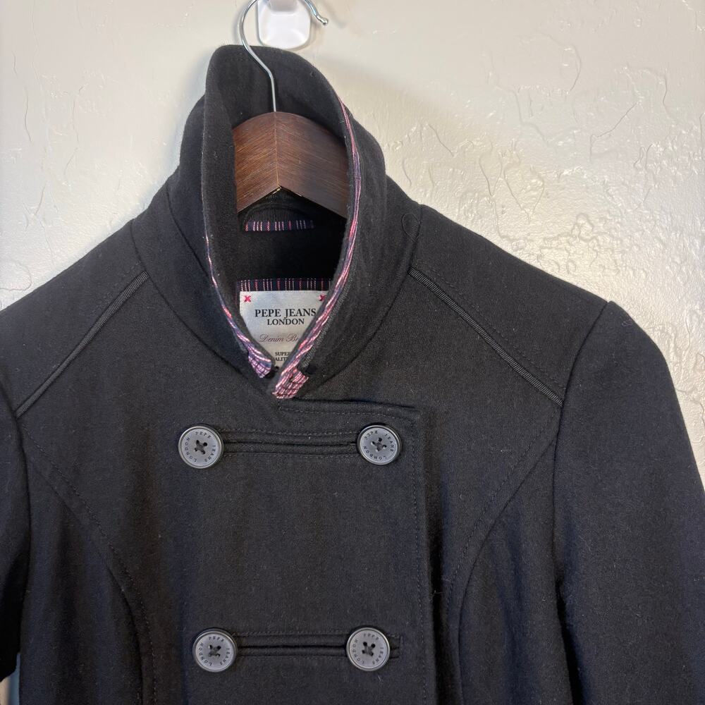 Pepe Jeans London Double Breasted Black Wool Blend Military Pea Coat Jacket XS - Picture 5 of 16